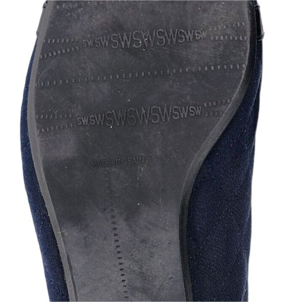 Stuart Weitzman 8.5AAAA Navy Crepe Fabric Black Leather Dress Bow Heels Womens - Picture 12 of 15